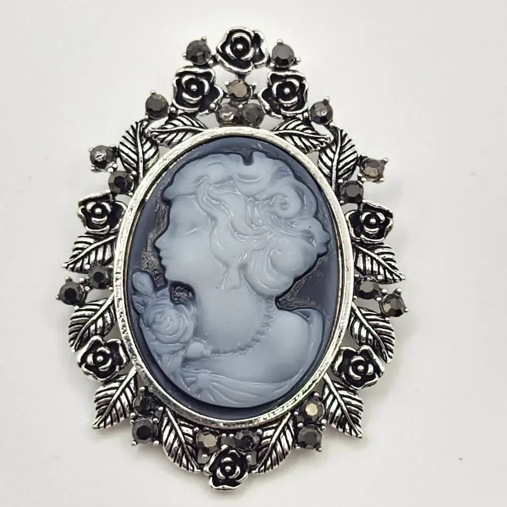 Gray Tones Cameo Brooch Rhinestone Accented Floral Border Frame